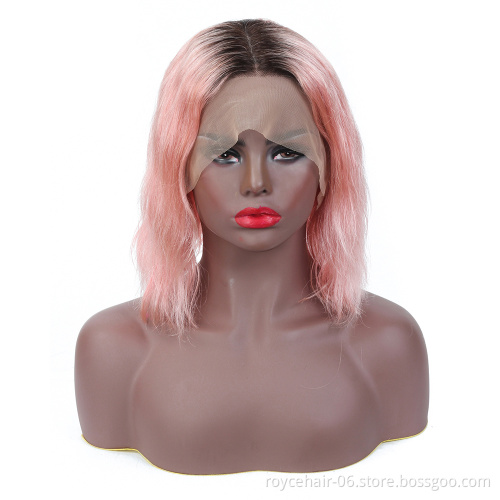 100% Brazilian Virgin Remy Human Hair Coloured Ombre Pink Short Body Wave Curly Blunt Cut Lace Front Bob Wig